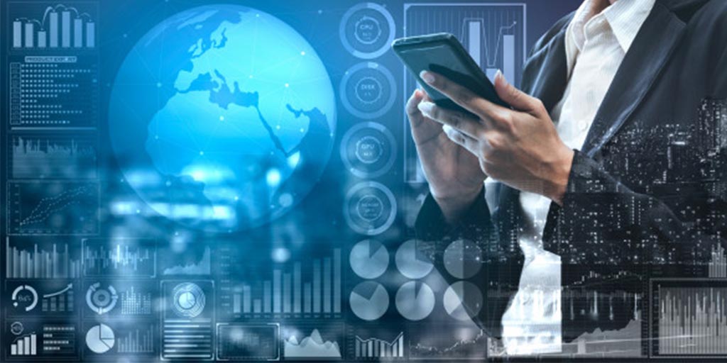 Abstract image of person using a smart phone with data visualizations overlay Abstract image of person using a smart phone with data visualizations overlay