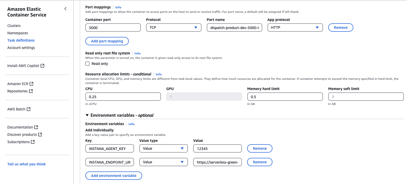 Configure Instana environment variables in ECS