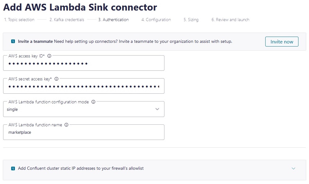 Add AWS Lambda Sink connector Authentication keys Add AWS Lambda Sink connector Authentication keys