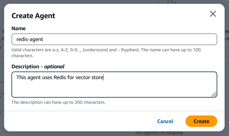 Configuring Amazon Bedrock Agents Create Agent Pop-up Window details Configuring Amazon Bedrock Agents Create Agent Pop-up Window details
