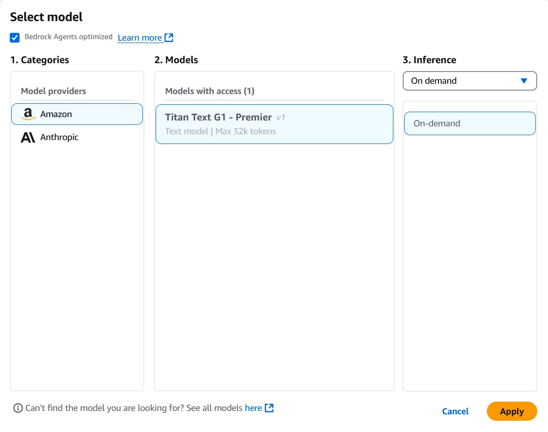 Select Model Categories Models Inference Amazon Titan Text G1 - Premier On-demand Select Model Categories Models Inference Amazon Titan Text G1 - Premier On-demand