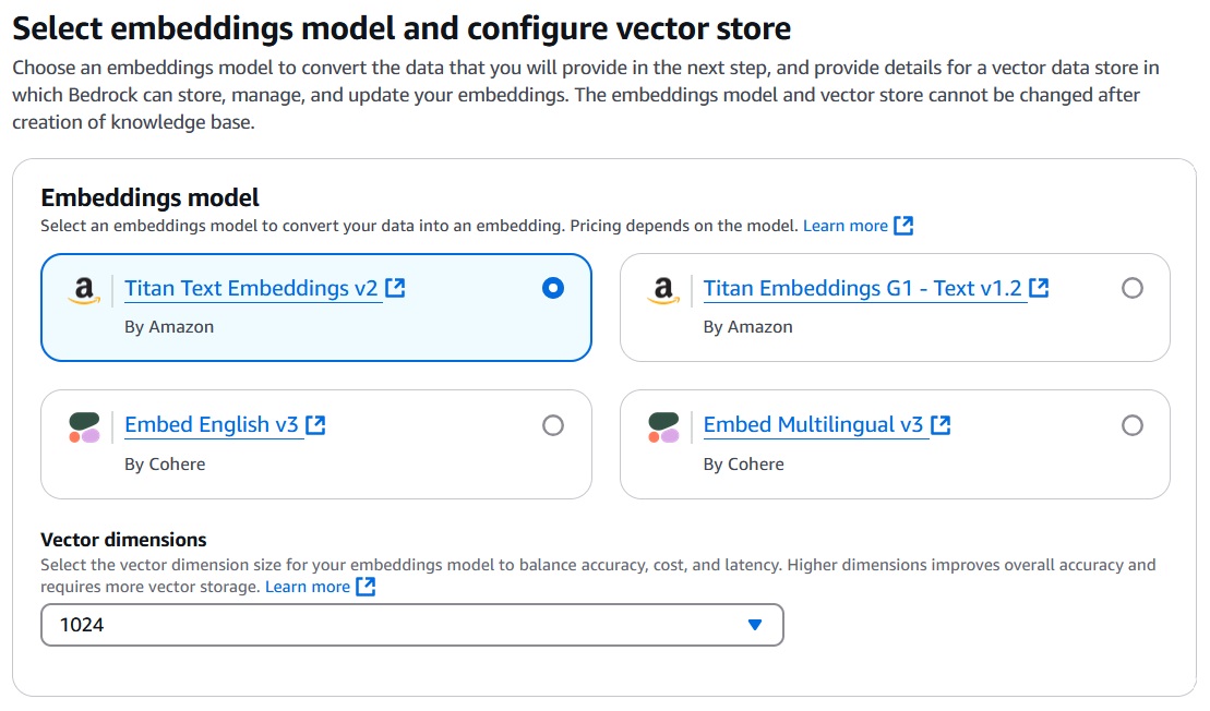 Select embeddings model and configure vector store Titan Text Embeddings v2 Select embeddings model and configure vector store Titan Text Embeddings v2