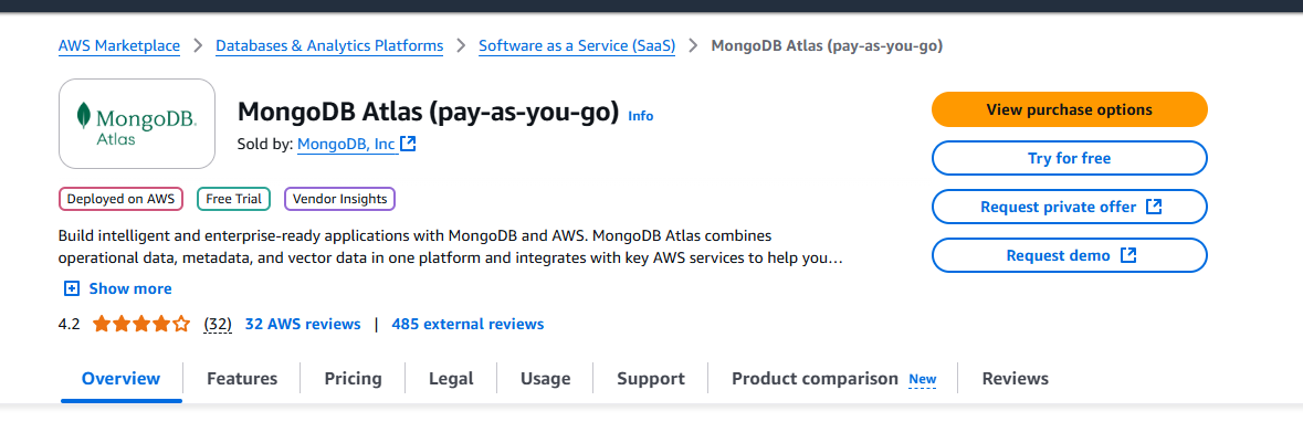 MongoDB listing in AWS Marketplace