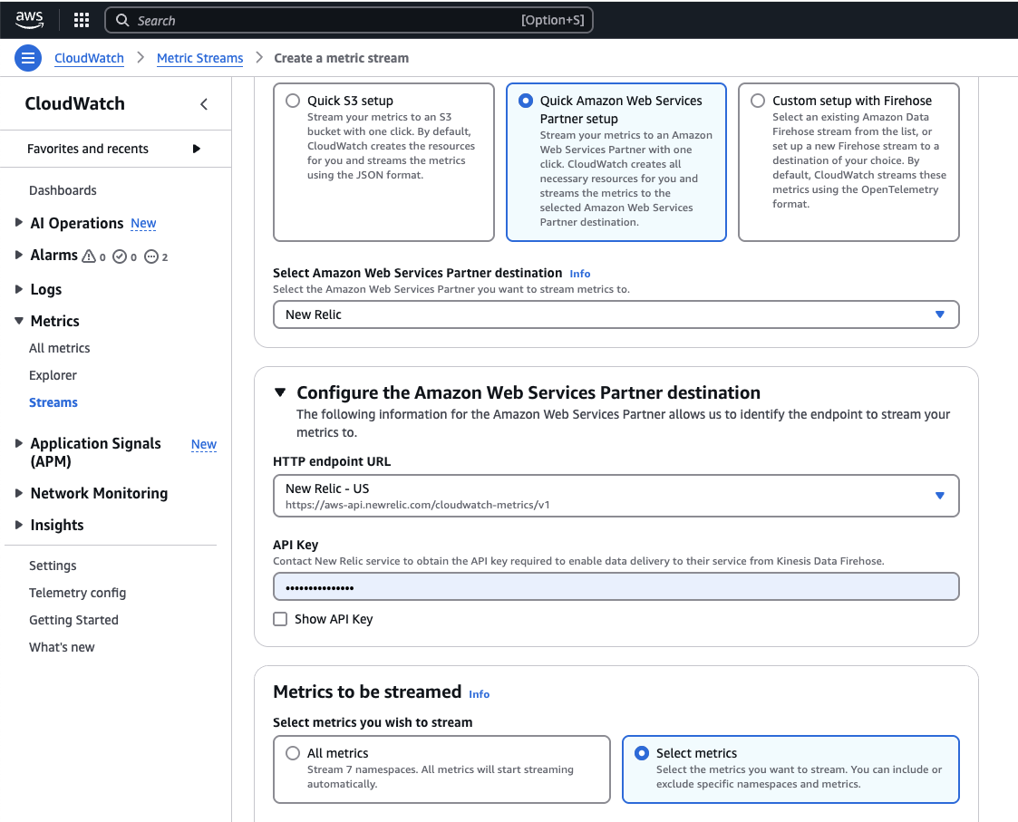 Amazon CloudWatch Metric Streams configuration