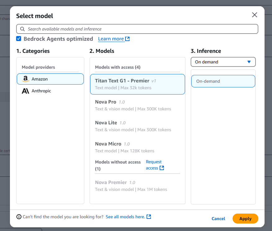 Choose Bedrock Agents optimized models