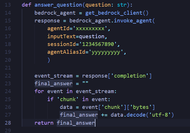 Prompt: receive question and send prompt to Amazon Bedrock Agent