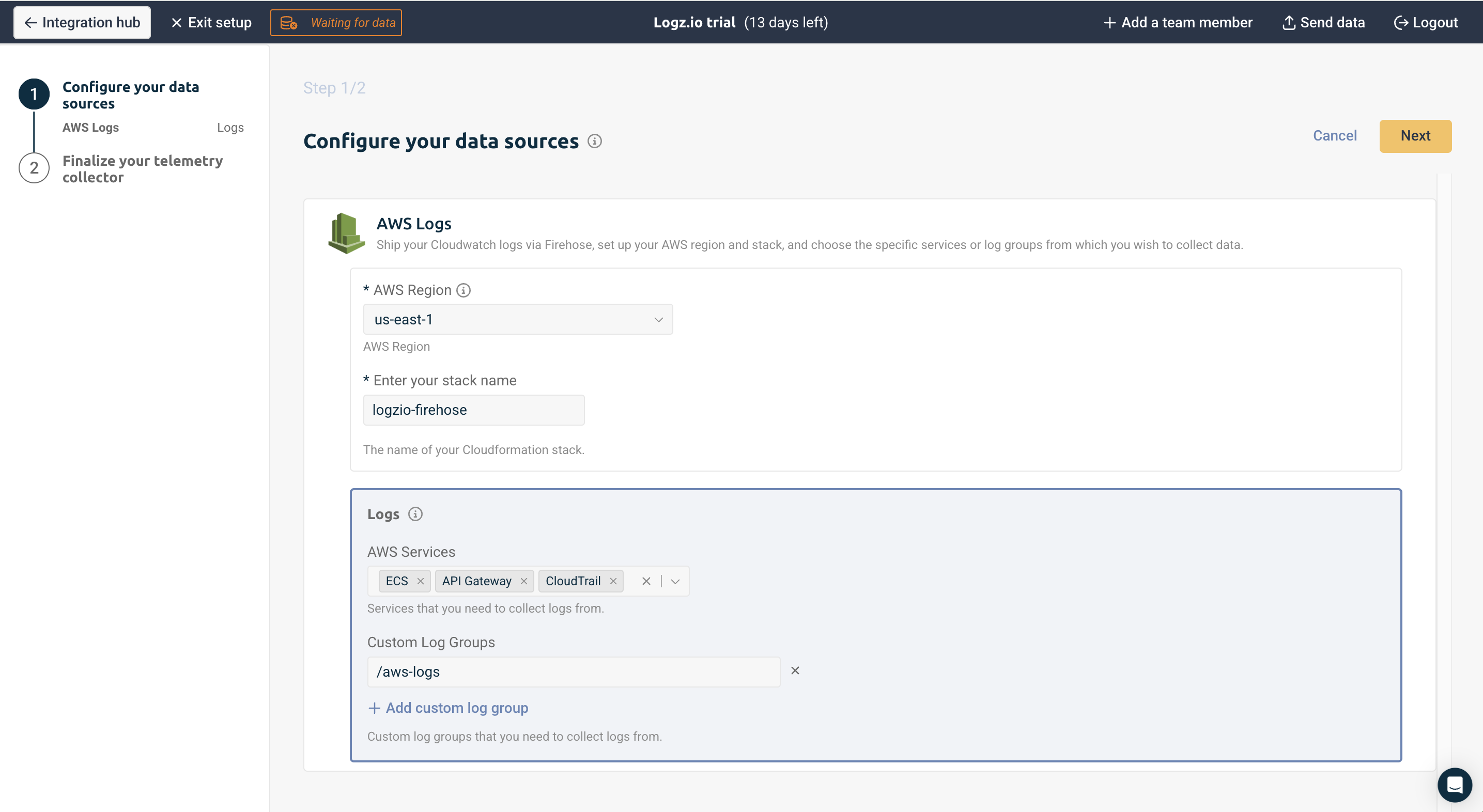 logz.io configure your data sources