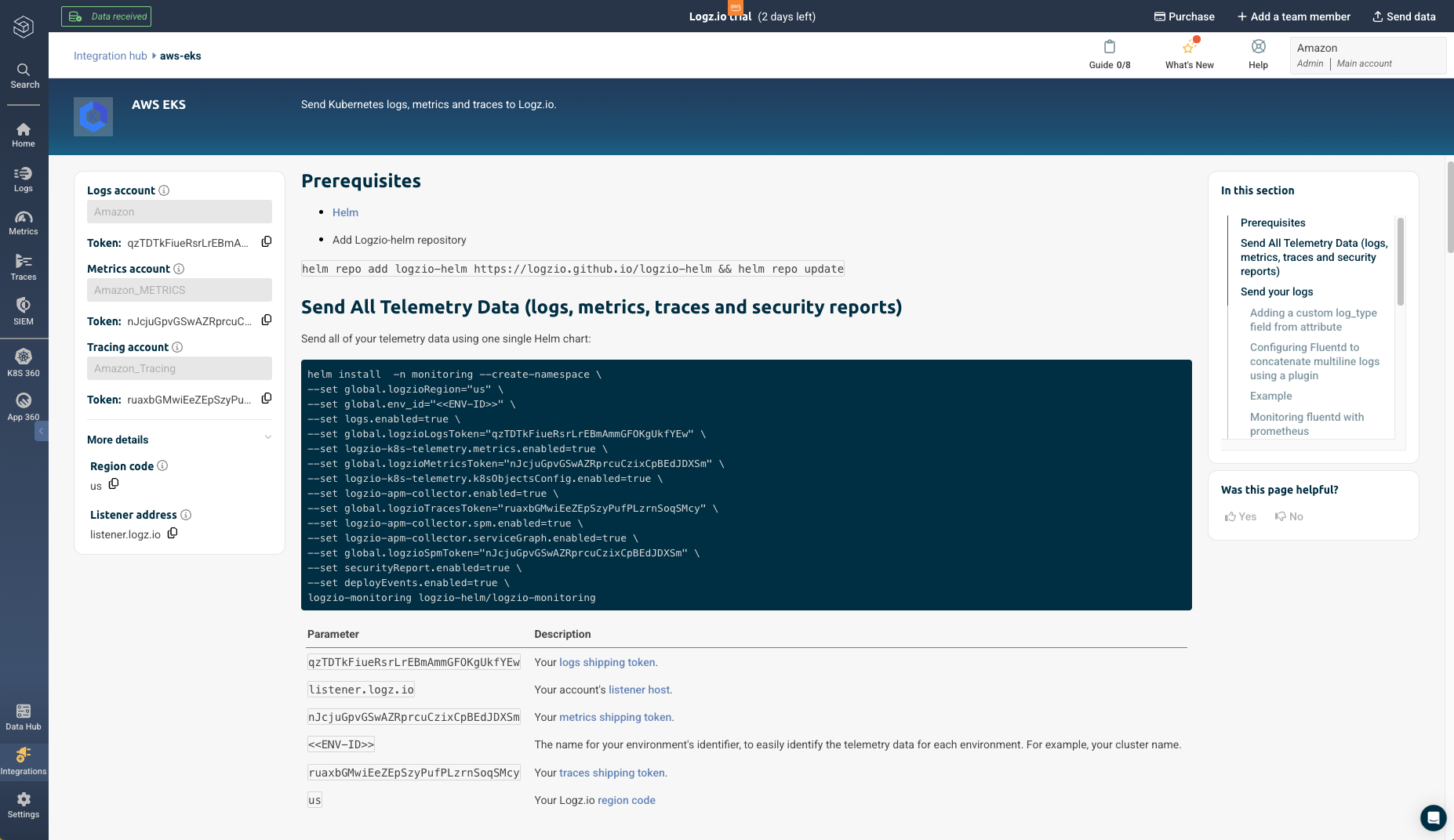 logz.io Amazon EKS prerequisites