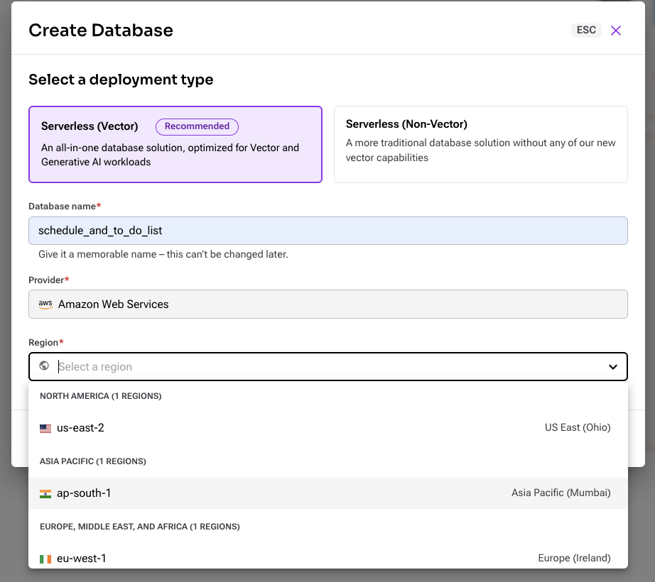 DataStax Astra DB Create Database severless (vector)