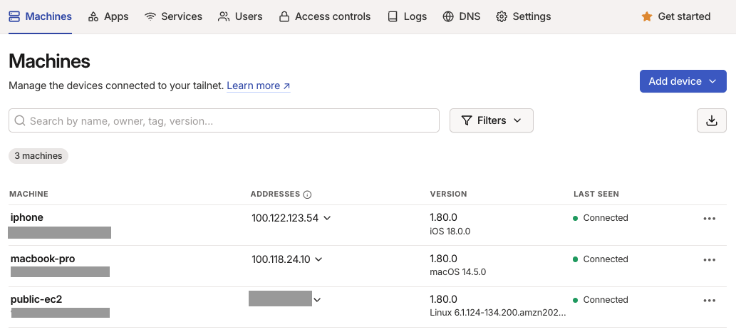 Tailscale connected machines