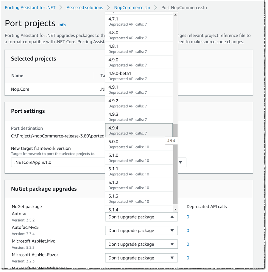 Screenshot of the AWS Porting Assistant for .NET interface showing project porting settings, target framework version selection, and NuGet package upgrade options for porting a .NET project. The interface displays a dropdown of framework versions and package upgrade choices for a sample project named Nop.Core.