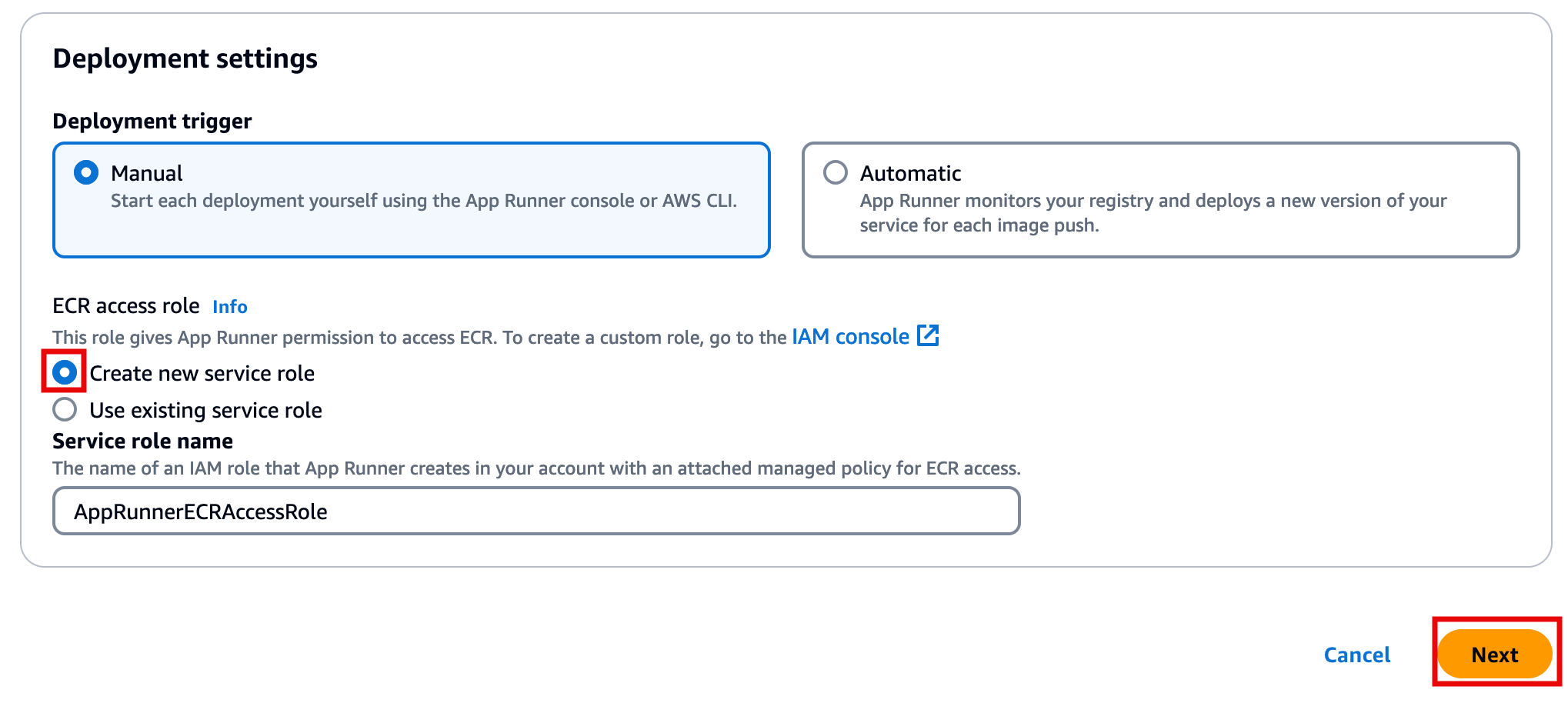 "Deployment settings screen with 'Manual' deployment trigger and 'Create new service role' selected, showing a service role name field pre-filled with 'AppRunnerECRAccessRole' and a highlighted 'Next' button."