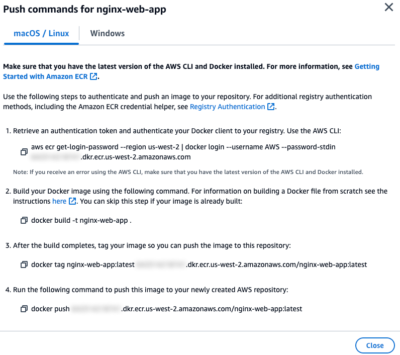 "Screenshot of AWS ECR instructions for pushing a Docker image, showing steps for authentication, building, tagging, and pushing the image using AWS CLI and Docker commands."