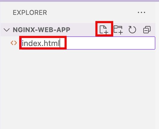 "File explorer showing a new file named 'index.html' being created in the 'NGINX-WEB-APP' folder, with the new file icon highlighted."