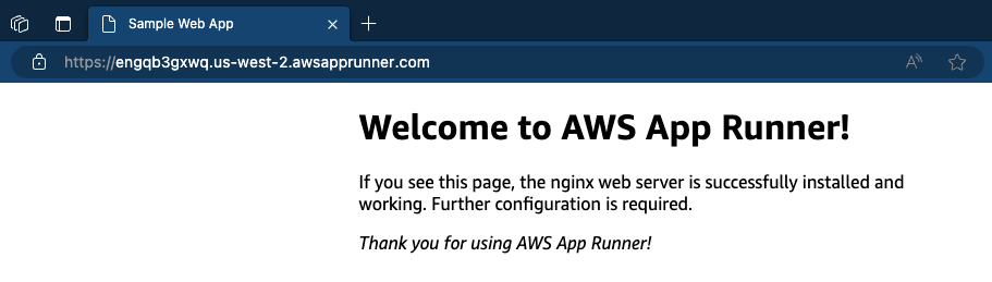 "Browser window displaying a welcome page for AWS App Runner with a message confirming successful nginx web server installation."