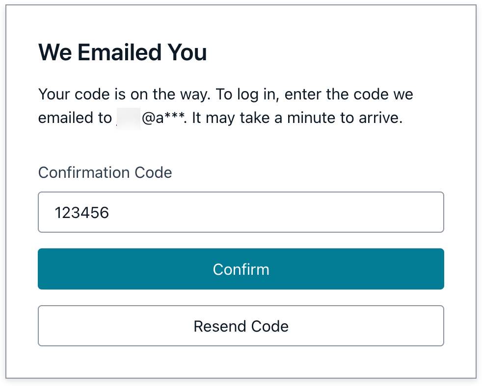"Email verification screen with a confirmation code input field, pre-filled with '123456,' and buttons for 'Confirm' and 'Resend Code.'"