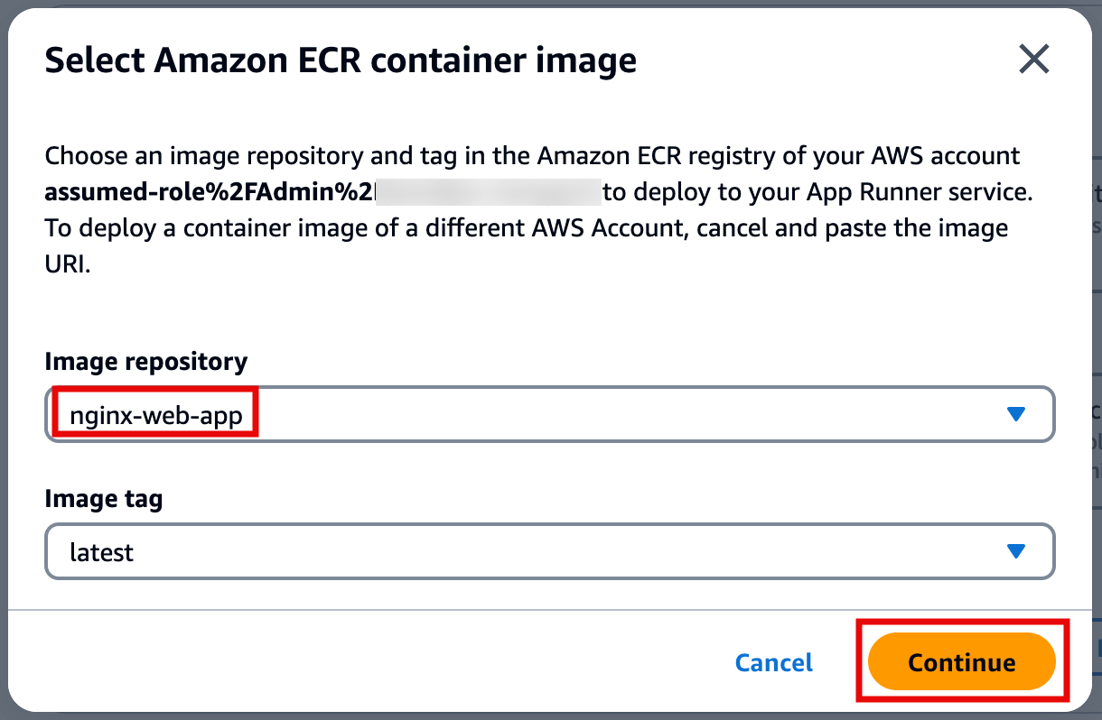 "Amazon ECR container image selection screen showing 'nginx-web-app' as the image repository and 'latest' as the image tag, with 'Continue' and 'Cancel' buttons."