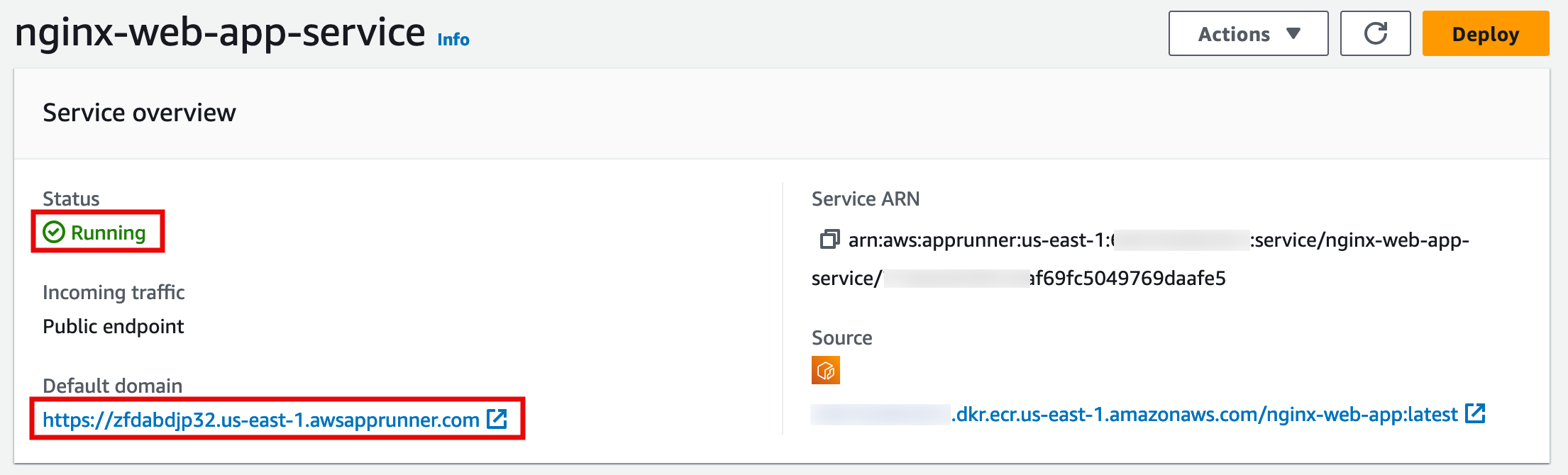 "Service overview for 'nginx-web-app-service' showing status as 'Running' with a default domain URL highlighted."