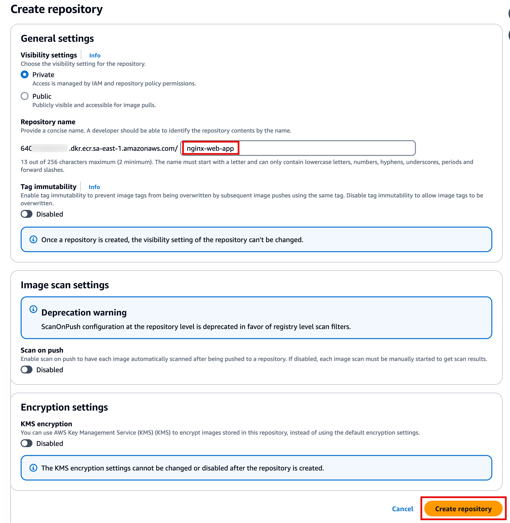 Alt-text: AWS console interface for creating a repository, showing settings for visibility, repository name, tag immutability, image scan, and encryption, with "Create repository" button highlighted in orange.