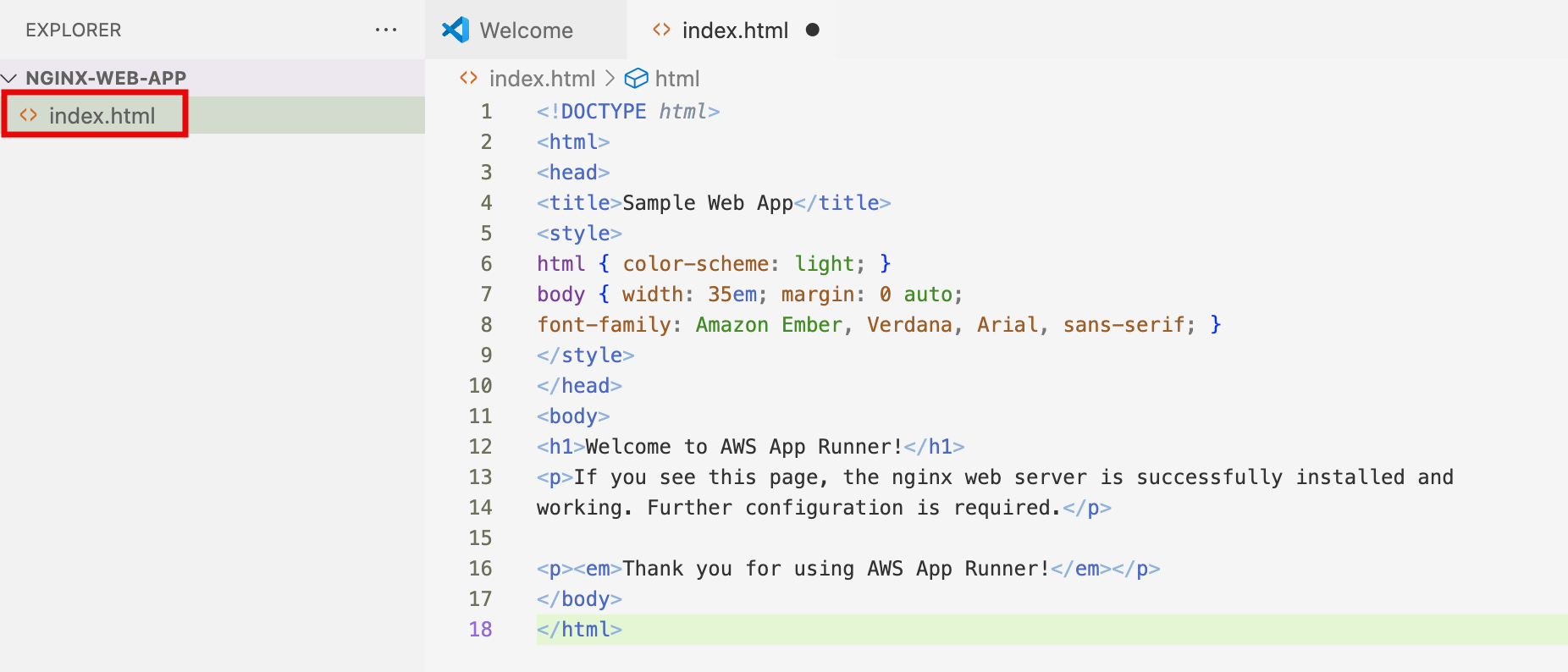 Screenshot of a Visual Studio Code editor showing an open "index.html" file with basic HTML structure and inline CSS for a sample web app, including a welcome message for AWS App Runner.