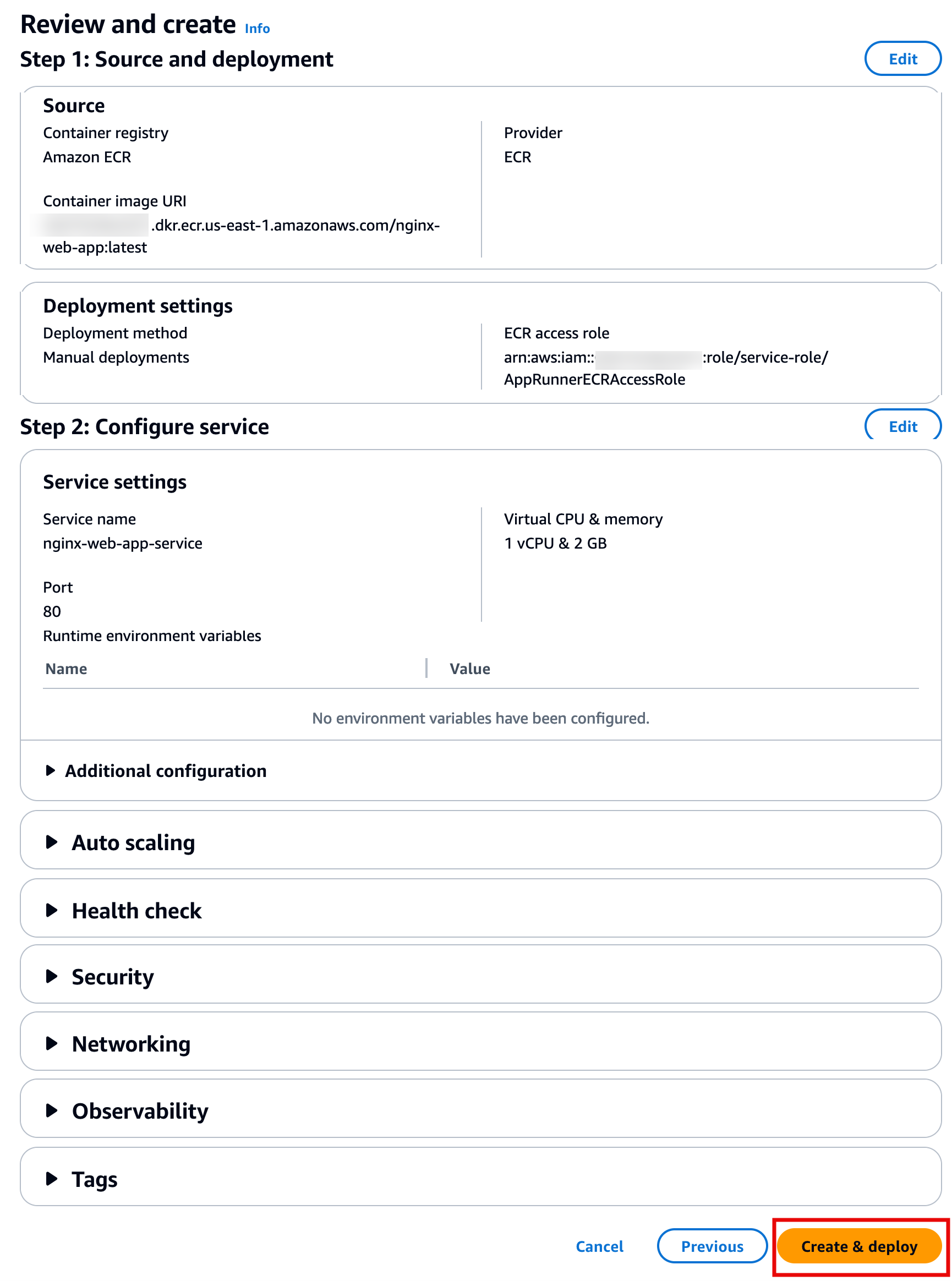 Alt-text: AWS App Runner interface showing "Review and create" steps for deploying a service, with configuration details and a highlighted "Create & deploy" button.