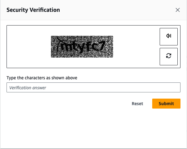 "Security verification CAPTCHA with distorted text and options for audio or refresh."