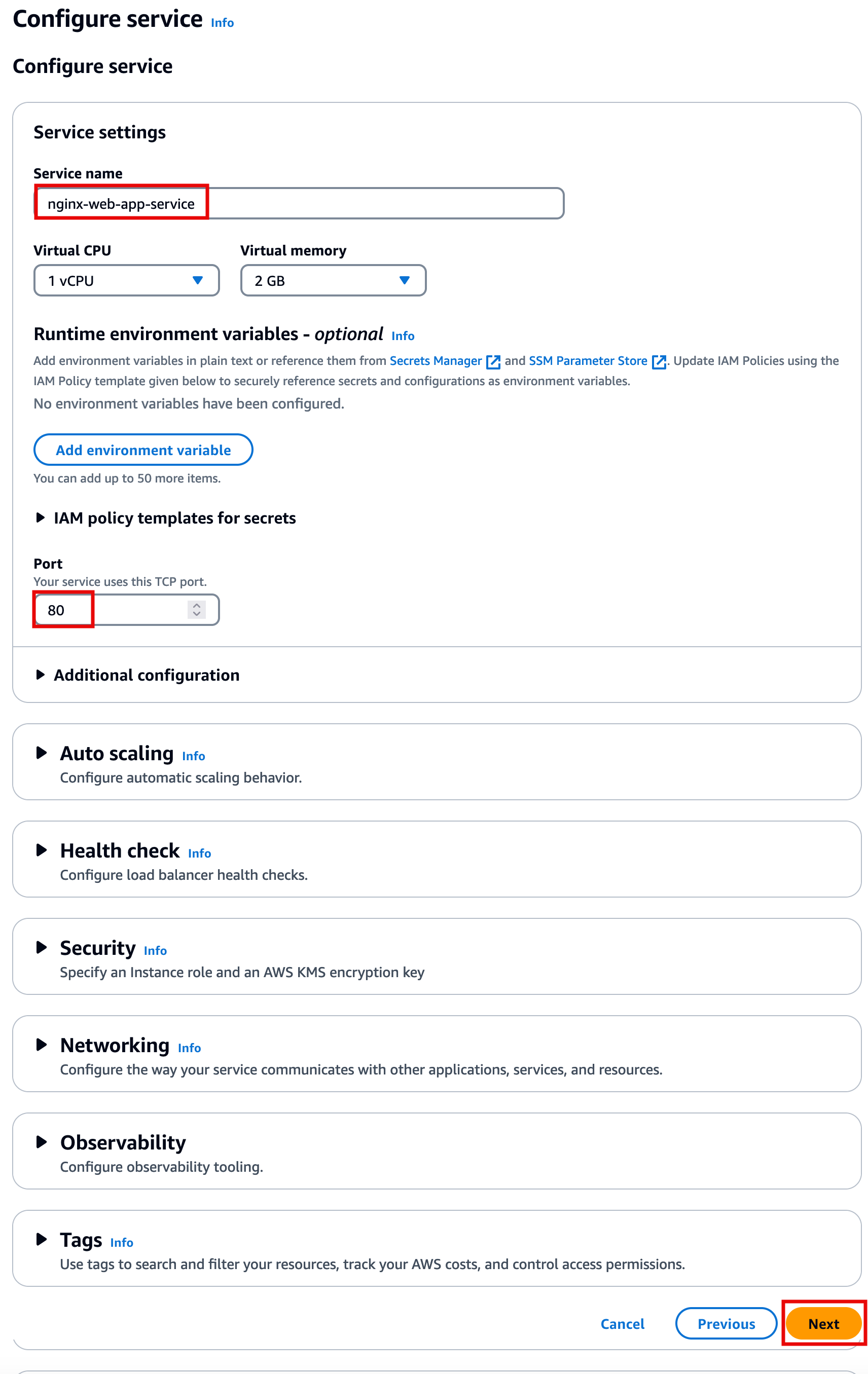 "Configuration screen for an AWS service with settings for service name, virtual CPU, memory, and port, showing 'nginx-web-app-service' as the service name and port 80 selected."