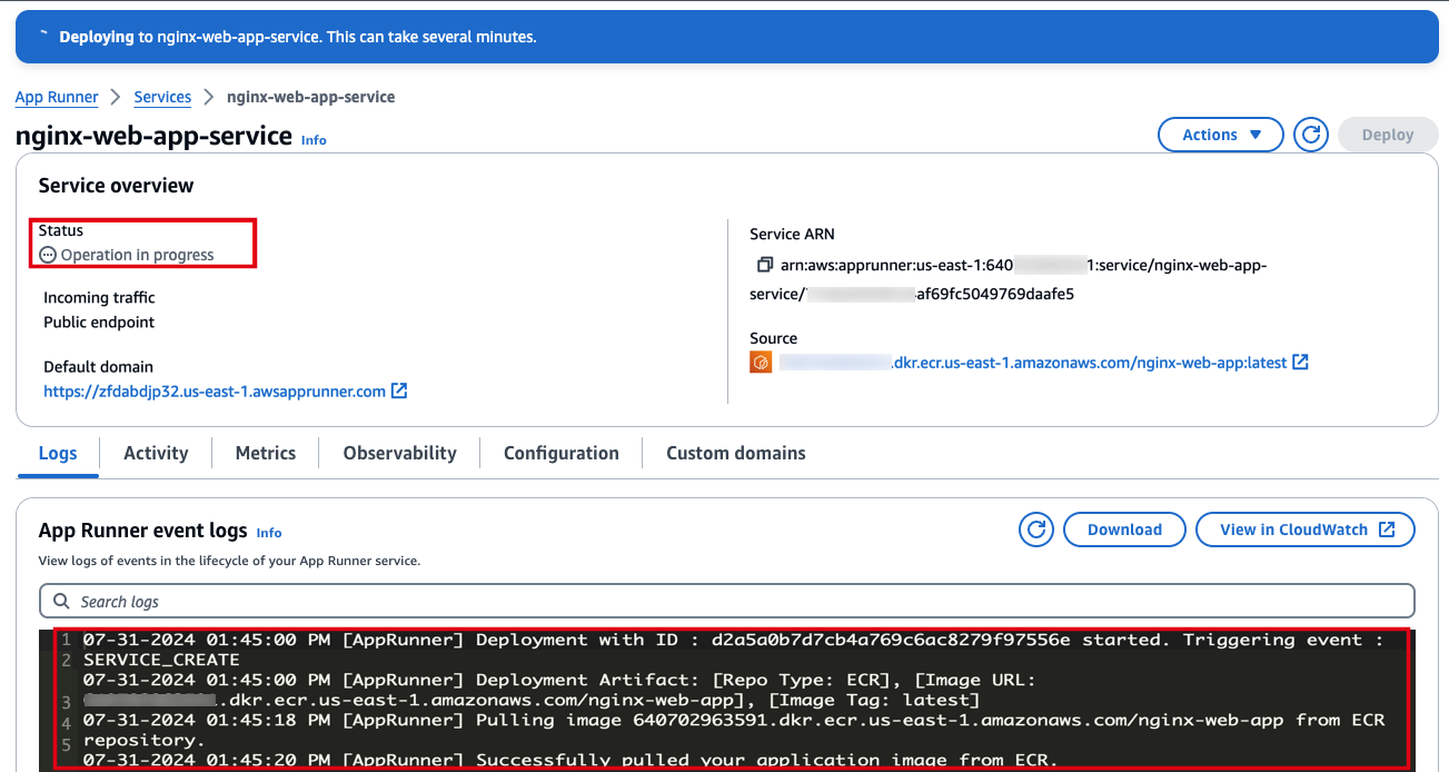 Alt-text: AWS App Runner interface showing the deployment status "Operation in progress" for an nginx-web-app-service, with event logs detailing deployment steps.