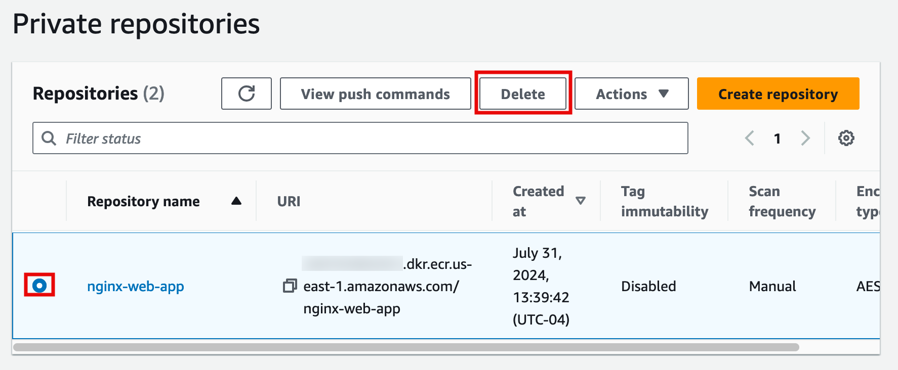 Screenshot of a private repositories interface showing a repository named "nginx-web-app" with details like URI, creation date, tag immutability, scan frequency, and encryption type. The "Delete" button is highlighted in red.