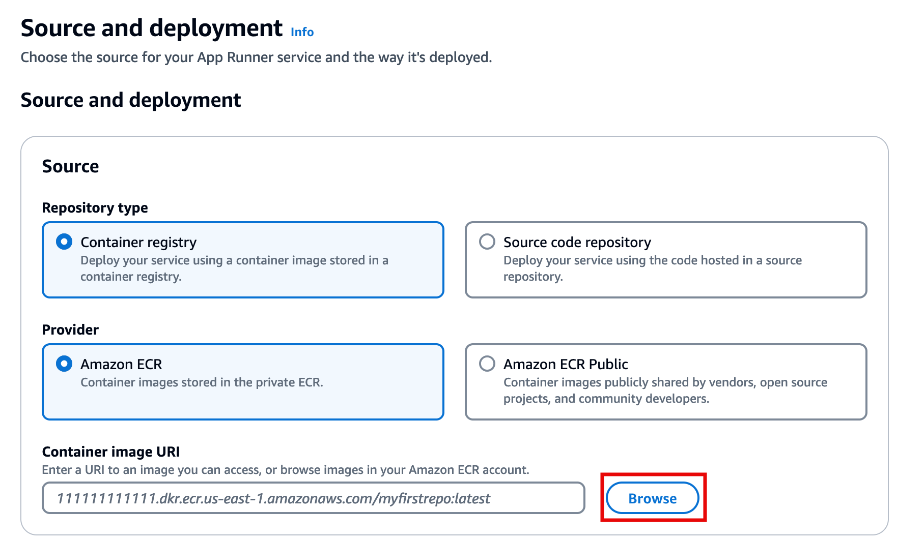 "App Runner source and deployment settings with options for repository type, provider, and container image URI, highlighting the 'Browse' button."