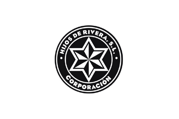 Black and white logo of Hijos de Rivera S.L. Corporación, featuring a stylized geometric star inside a circular badge with the company name.