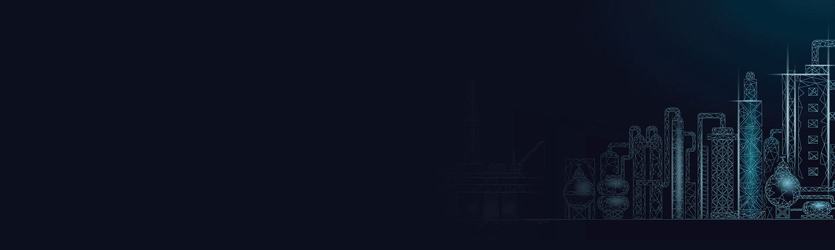 Digital wireframe illustration of an industrial plant with various towers, tanks, and structures on a dark background.