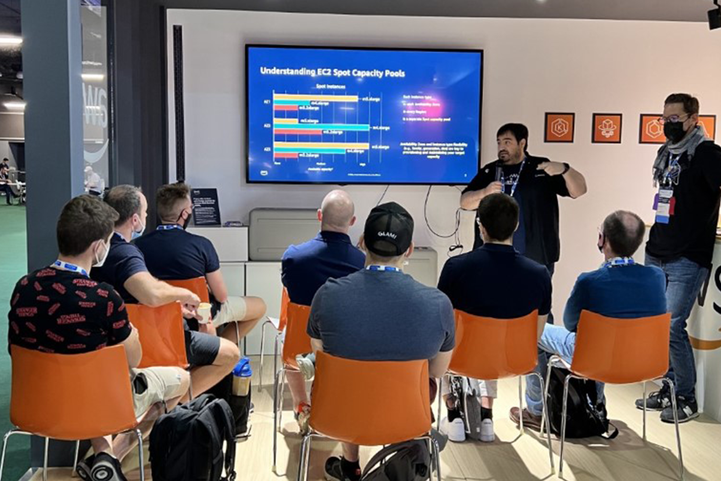 A group of attendees watches a presentation about 'Understanding EC2 Spot Capacity Pools' at an AWS retail session during KubeCon. The presenter gestures towards a screen displaying EC2 Spot instance information while the audience sits in orange chairs and listens attentively.