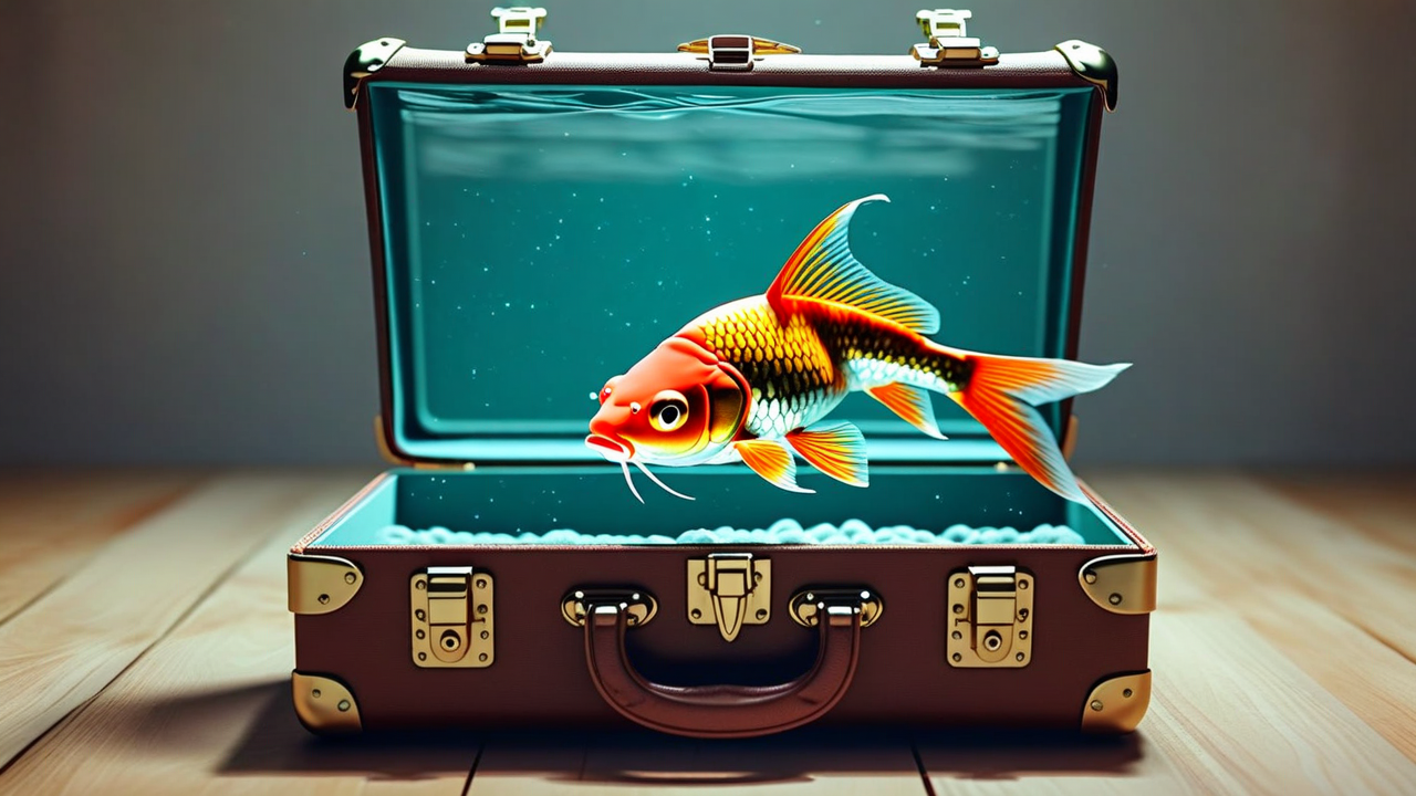 Goldfish inside of a brown briefcase