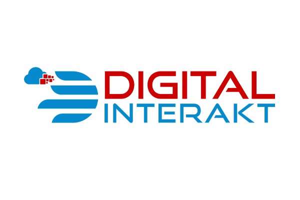 The logo for Digital Interakt, featuring stylized blue and red text with a cloud and pixel design element.