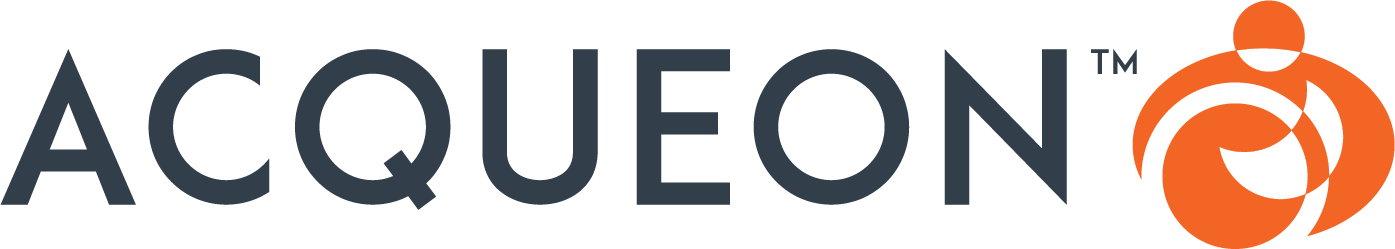 Acqueon logo with dark text and an orange abstract icon on the right