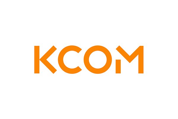 The KCOM company logo in orange text on a white background.