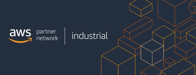 AWS Partner Network Industrial logo with geometric box designs on a dark background.
