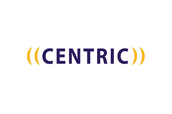 Centric logo in bold dark blue text with yellow curved brackets on each side, displayed on a white background.