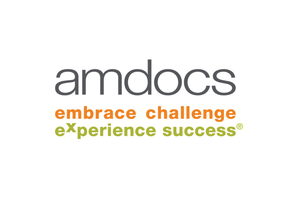 Amdocs logo with the tagline 'embrace challenge, experience success' displayed in orange and green text on a white background.