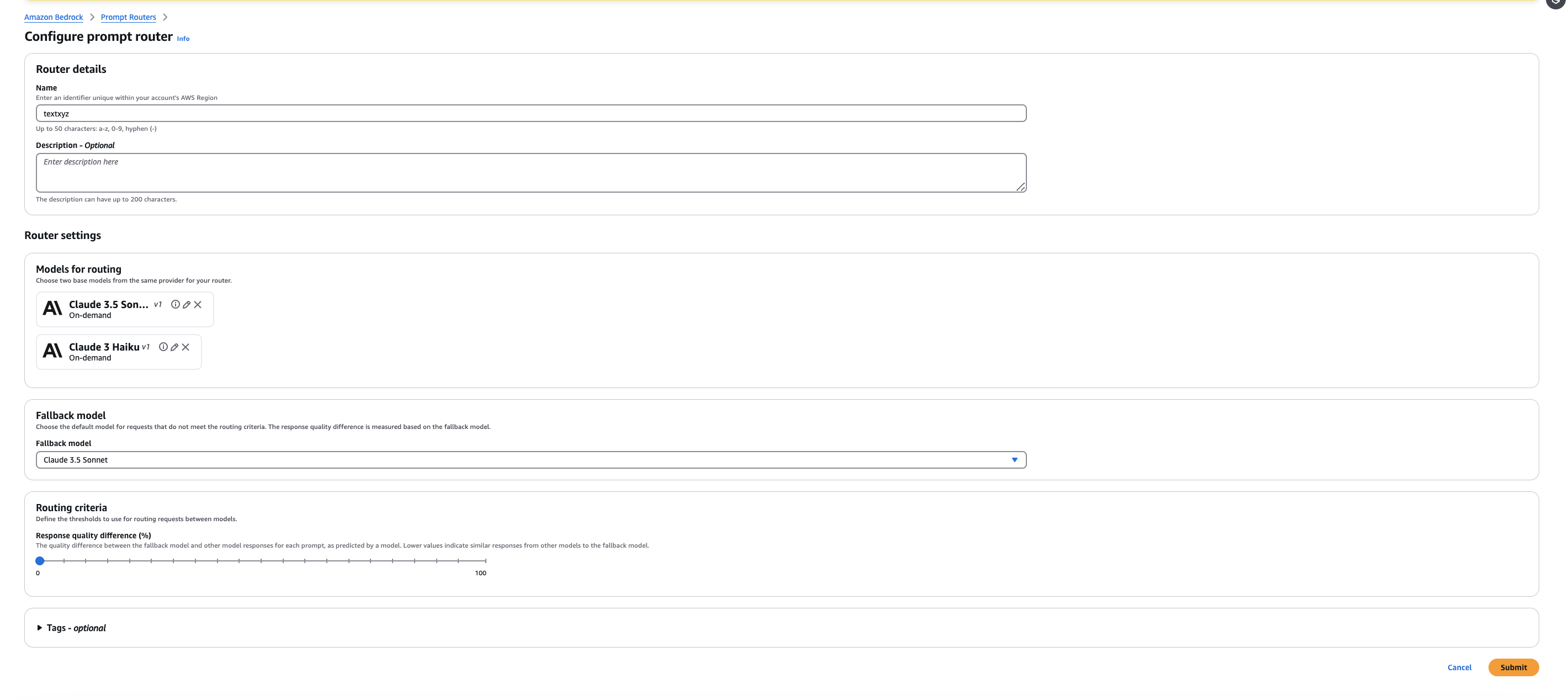 "Amazon Bedrock interface for configuring a prompt router, showing fields for router details, model selection, fallback model, and routing criteria."
