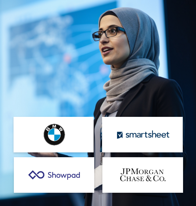 A business roadshow speaker presenting on stage with company logos of BMW, Smartsheet, Showpad, and JPMorgan Chase & Co. displayed prominently in the foreground.