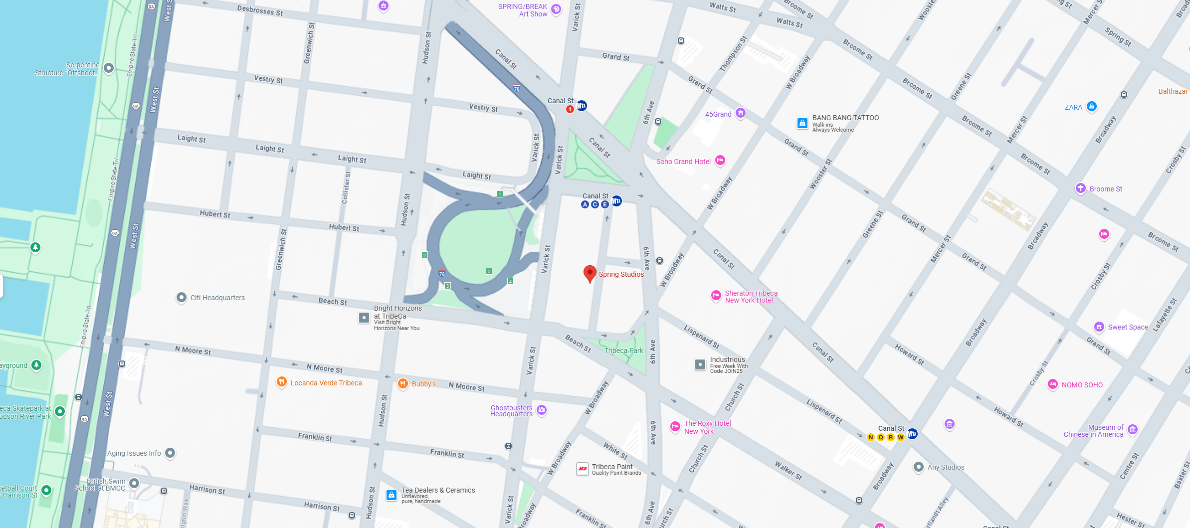 Map of Tribeca, New York City, showing streets, landmarks like Spring Studios, Citi Headquarters, and parks near the Hudson River.