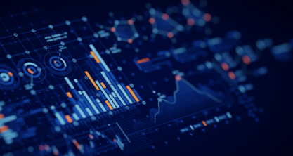 A digital dashboard visualization displaying various data analytics charts and graphs in a blue theme, including bar charts, line charts, and network diagrams.