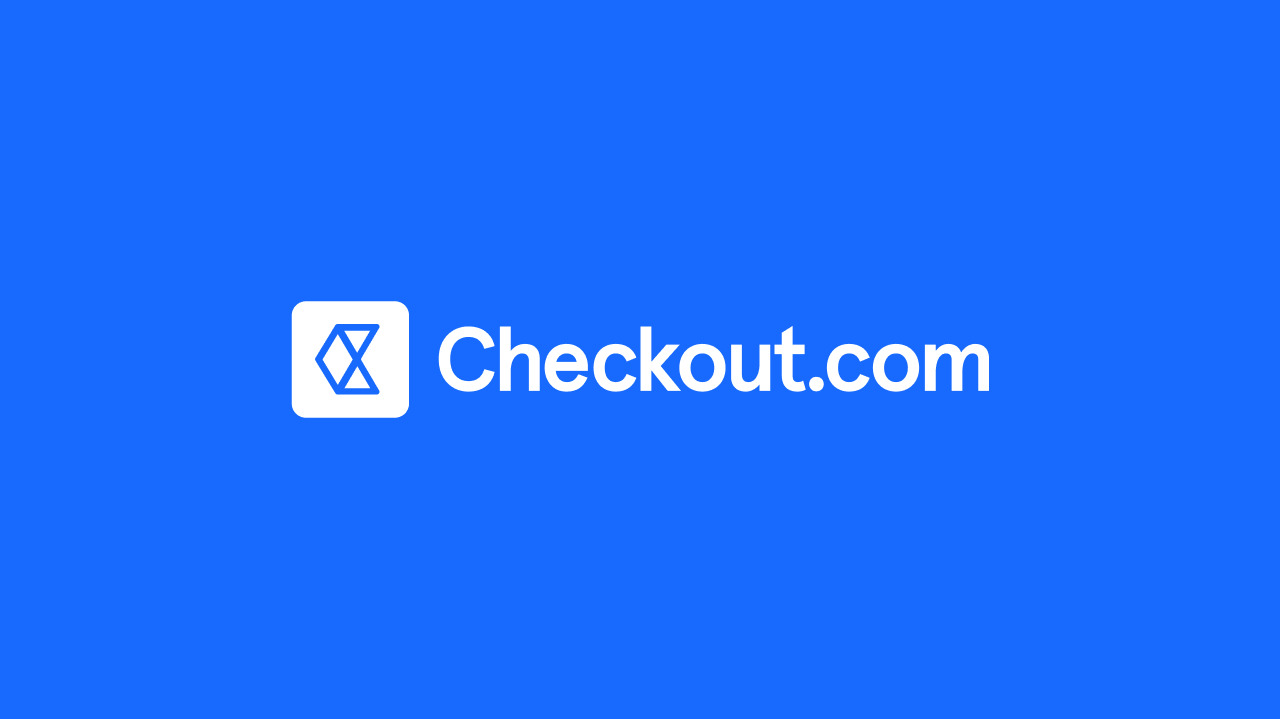 "Checkout.com logo with a geometric icon on a blue background."