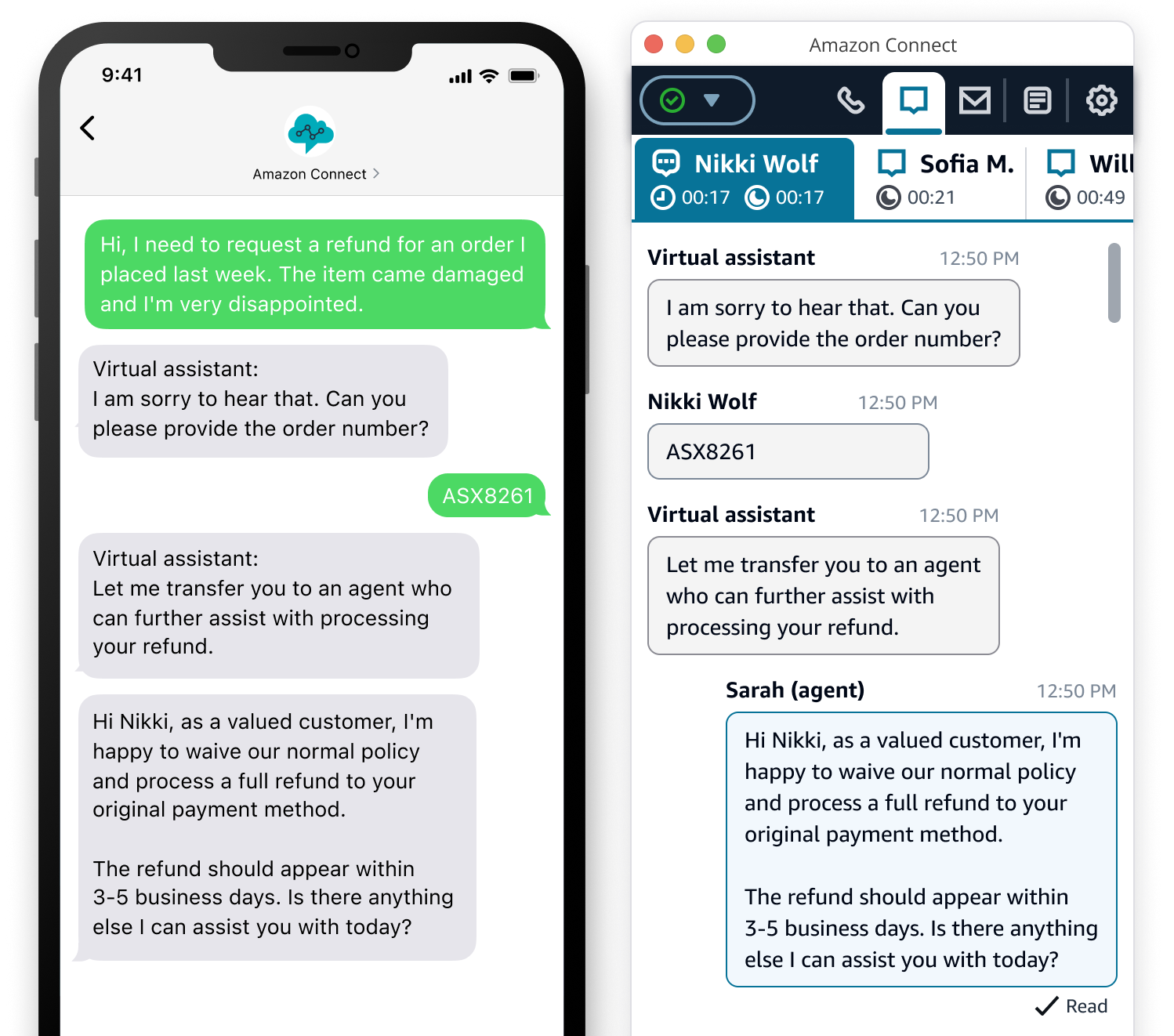 Screenshot showing Amazon Connect messaging interface on a mobile device and desktop, with an SMS refund request handled by a virtual assistant and escalated to a live agent for customer service resolution.
