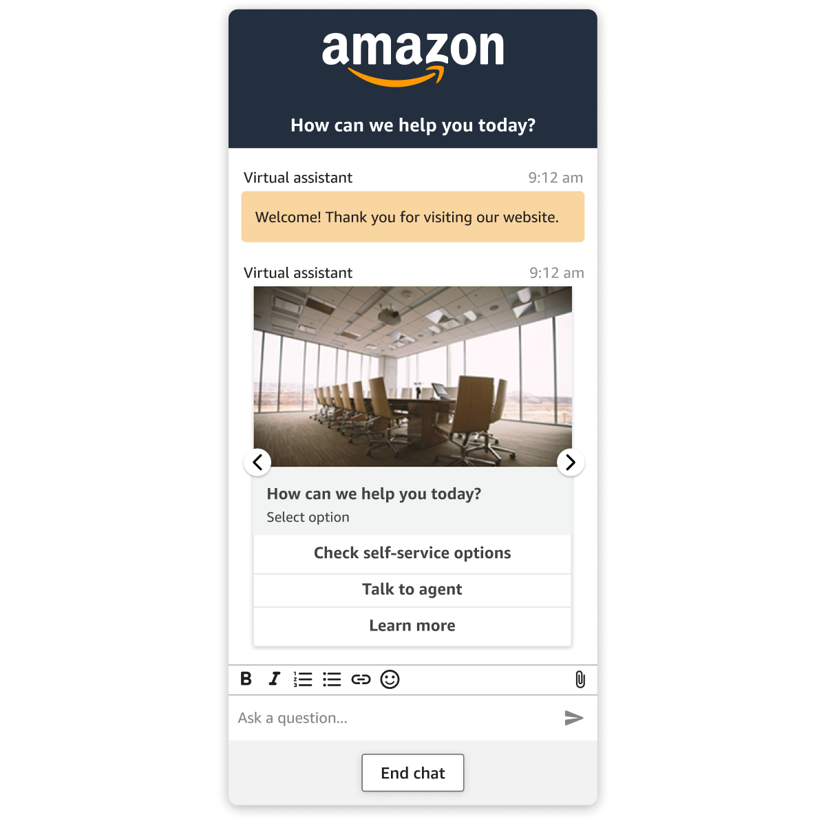A screenshot of the Amazon Connect messaging interface showing a virtual assistant chat with options for self-service, talking to an agent, and learning more.