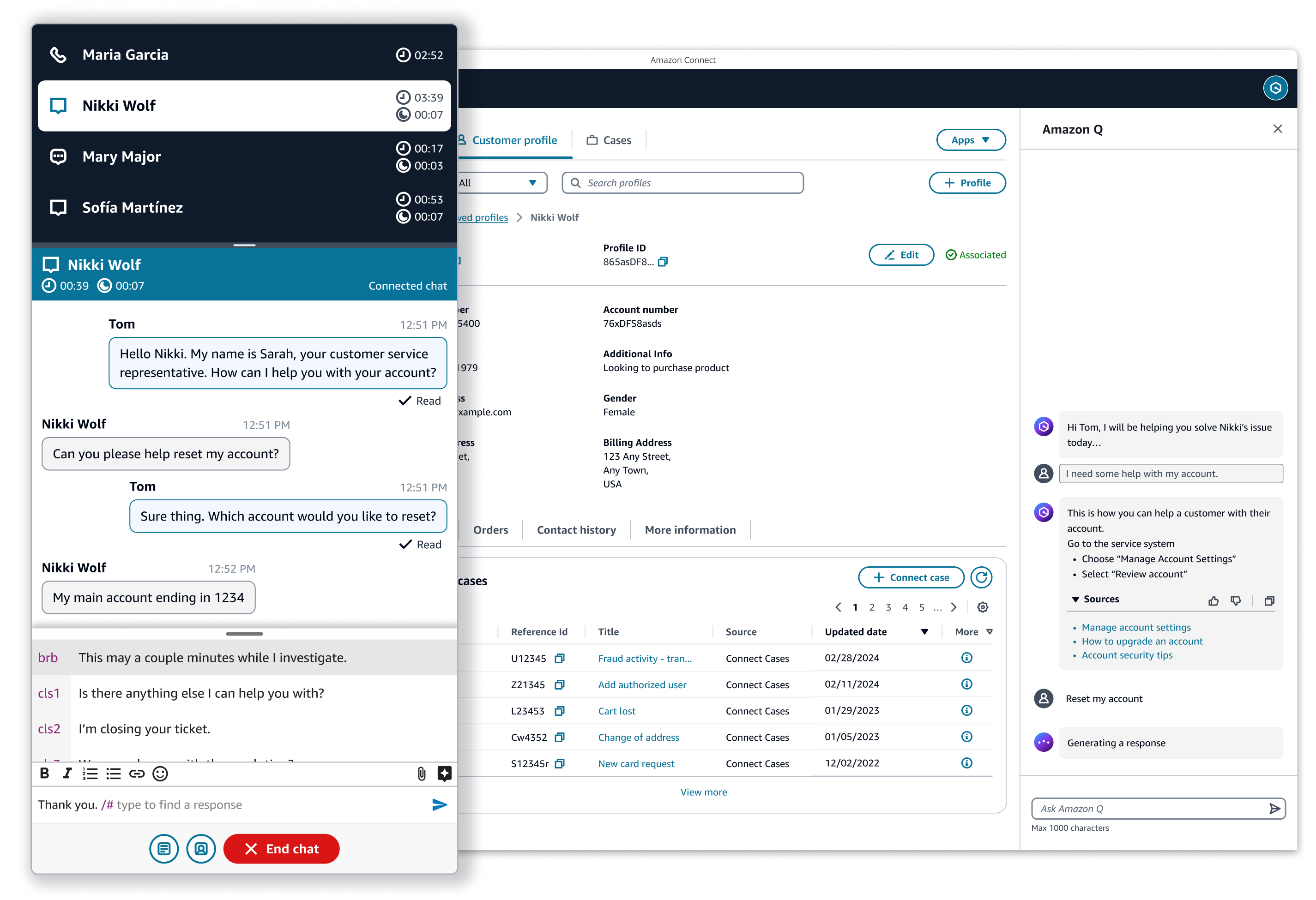 Screenshot showing the Amazon Connect interface with an active messaging chat conversation between a customer and a representative, detailed customer profile, support case history, and Amazon Q assistant panel on the right.