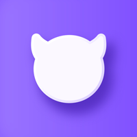 A stylized, minimalist white devil head icon with two pointed horns on a purple gradient background.