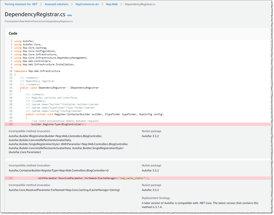 Screenshot showing Porting Assistant for .NET analysis on DependencyRegistrar.cs in a NopCommerce project, highlighting incompatible method invocations and NuGet package compatibility issues with Autofac 3.5.2. The code and incompatibility details are displayed for .NET Core migration.